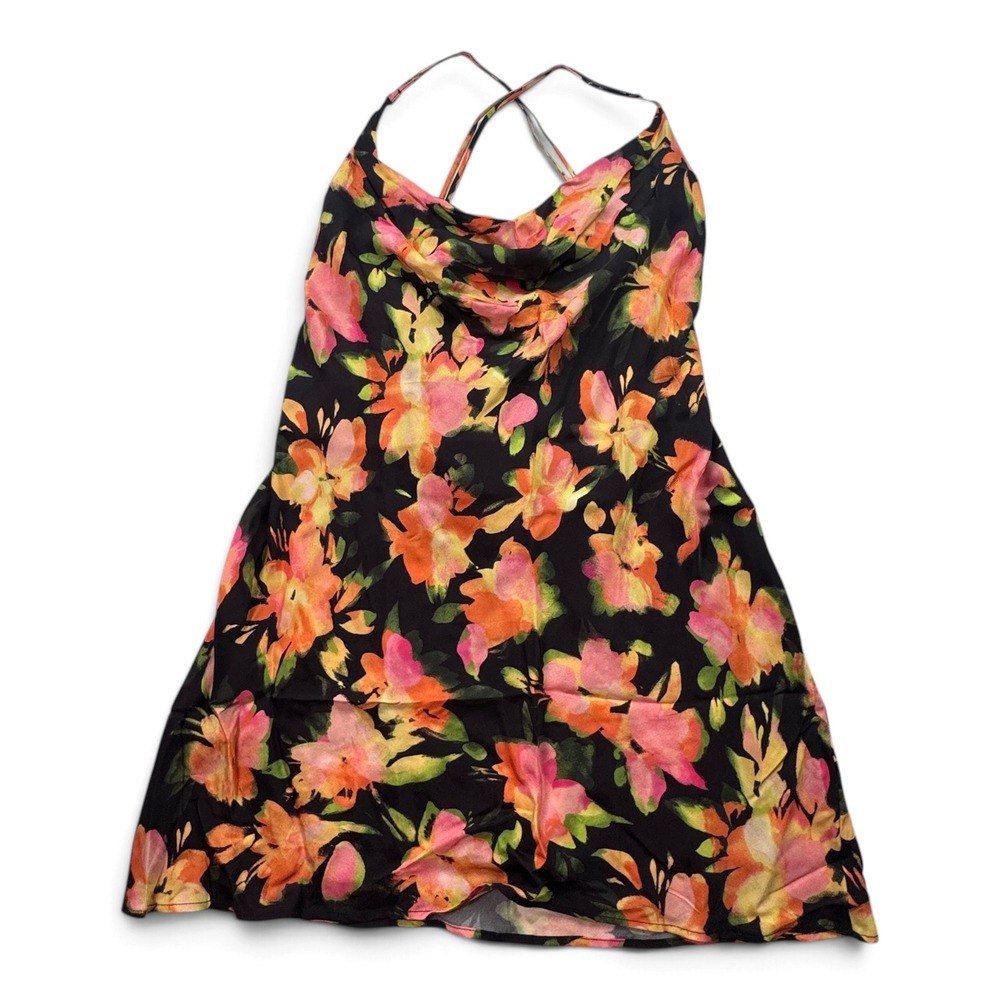 NWT H&M Floral Slip Dress Cowl Neck Criss Cross Back Summer Women Black XL
